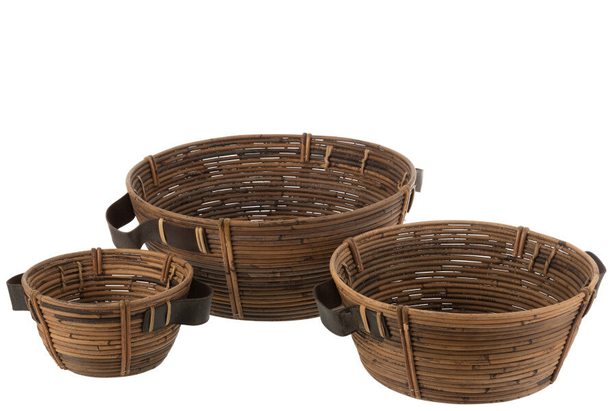 Set of 3 rattan dishes with leather handles